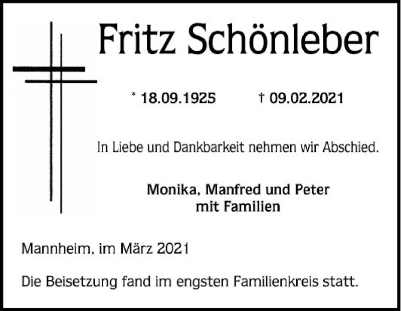  Traueranzeige für Fritz Schönleber vom 06.03.2021 aus Mannheimer Morgen
