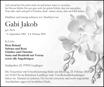 Traueranzeige von Gabi Jakob von Fränkische Nachrichten
