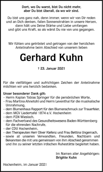 Traueranzeige von Gerhard Kuhn von Schwetzinger Zeitung