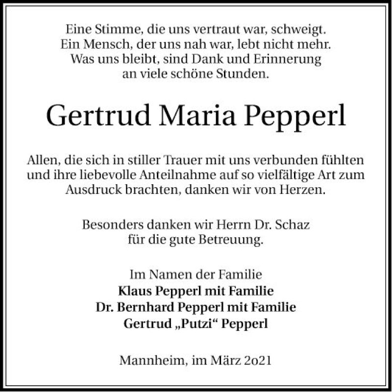  Traueranzeige für Gertrud Maria Pepperl vom 06.03.2021 aus Mannheimer Morgen