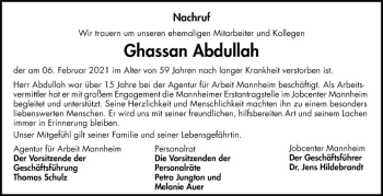 Traueranzeige von Ghassan Abdullah von Mannheimer Morgen