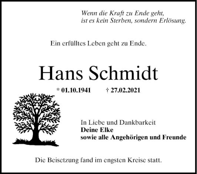  Traueranzeige für Hans Schmidt vom 20.03.2021 aus Mannheimer Morgen