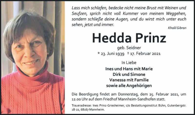  Traueranzeige für Hedda Prinz vom 20.02.2021 aus Mannheimer Morgen