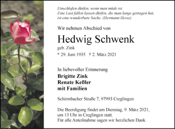 Traueranzeige von Hedwig Schwenk von Fränkische Nachrichten