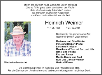 Traueranzeige von Heinrich Weimer von Fränkische Nachrichten
