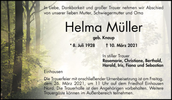 Traueranzeige von Helma Müller von Bergsträßer Anzeiger