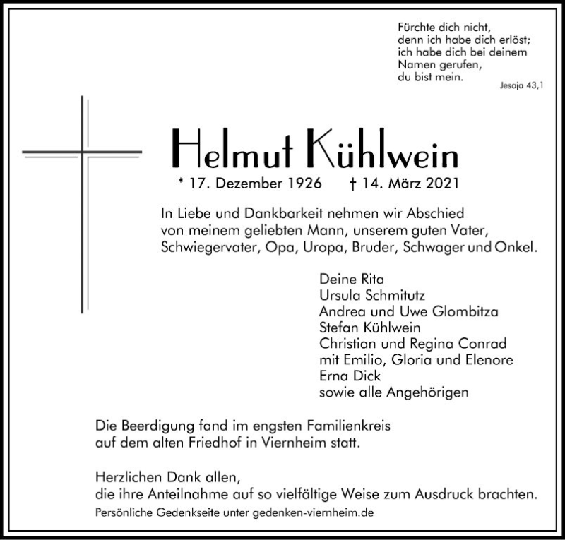  Traueranzeige für Helmut Kühlwein vom 27.03.2021 aus Südhessen Morgen