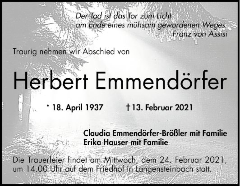  Traueranzeige für Herbert Emmendörfer vom 20.02.2021 aus Mannheimer Morgen
