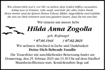 Traueranzeige von Hilda Anna Zogolla von Mannheimer Morgen