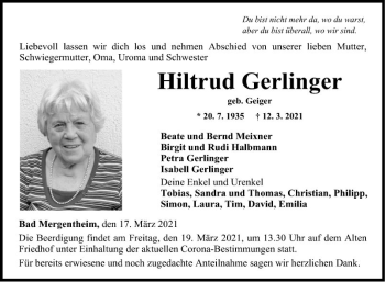 Traueranzeige von Hiltrud Gerlinger von Fränkische Nachrichten