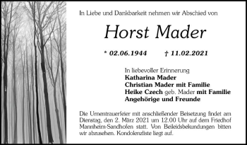 Traueranzeige von Horst Mader von Mannheimer Morgen