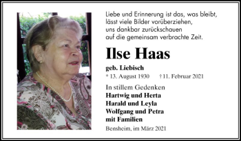Traueranzeige von Ilse Haas von Bergsträßer Anzeiger