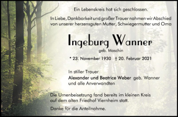 Traueranzeige von Ingeburg Wanner von Mannheimer Morgen