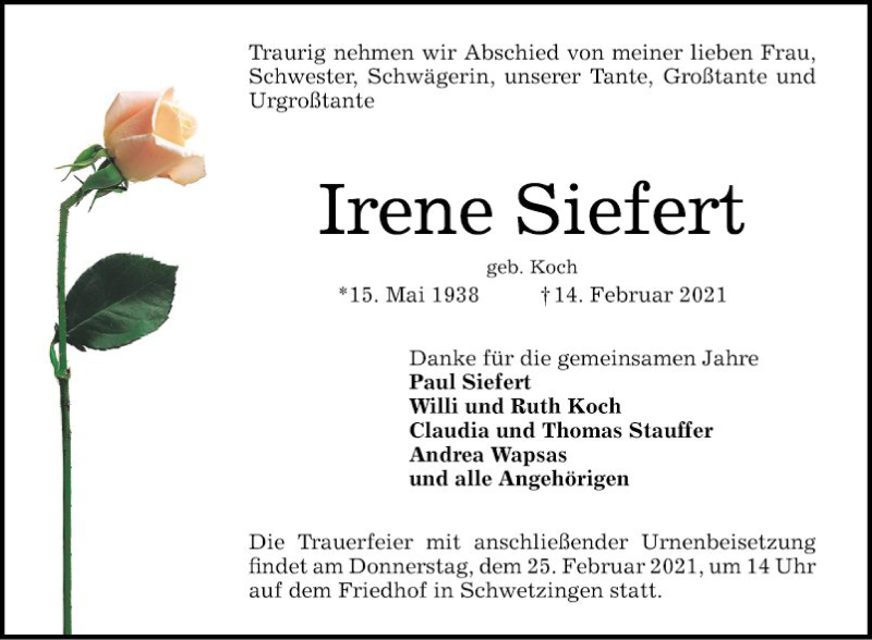  Traueranzeige für Irene Siefert vom 20.02.2021 aus Schwetzinger Zeitung
