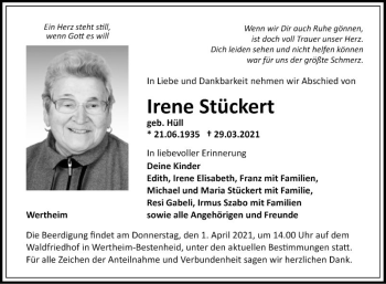 Traueranzeige von Irene Stückert von Fränkische Nachrichten