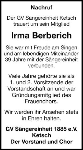 Traueranzeige von Irma Berberich von Schwetzinger Zeitung