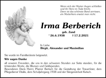 Traueranzeige von Irma Berberich von Schwetzinger Zeitung