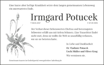 Traueranzeige von Irmgard Potucek von Mannheimer Morgen
