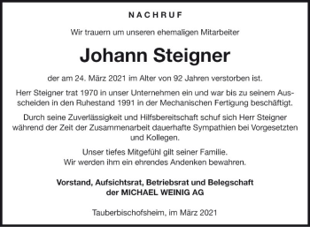 Traueranzeige von Johann Steigner von Fränkische Nachrichten