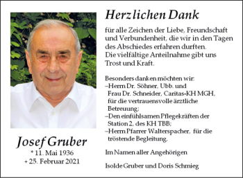 Traueranzeige von Josef Gruber von Fränkische Nachrichten