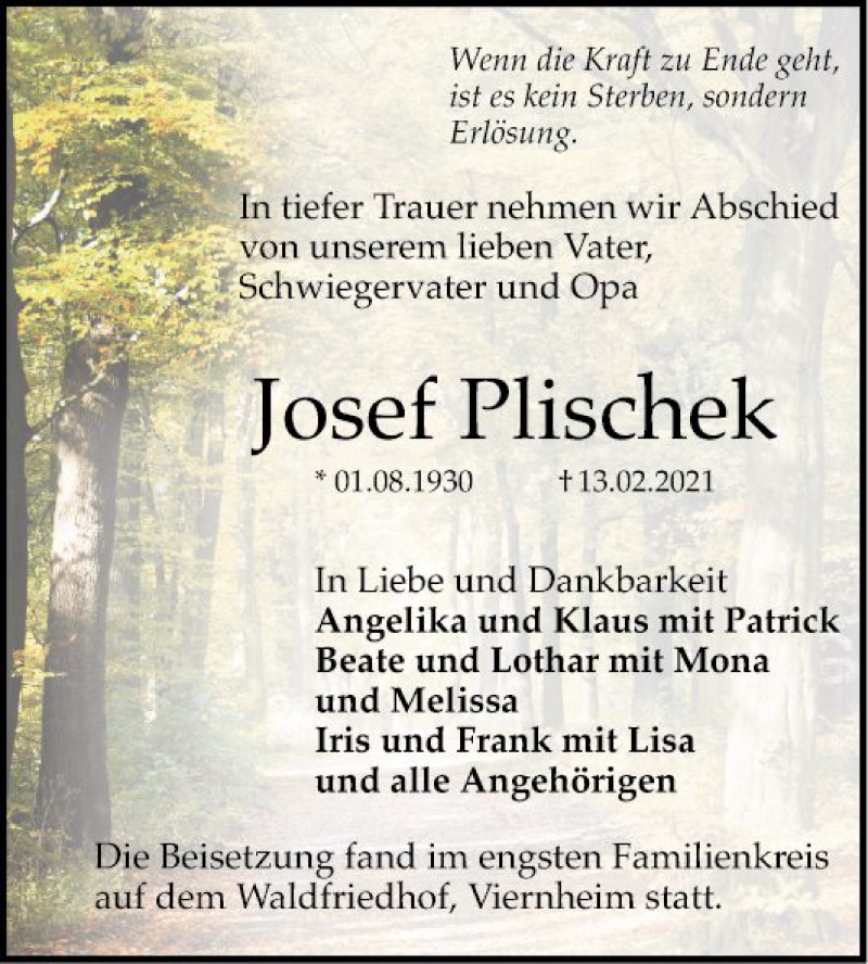  Traueranzeige für Josef Plischek vom 20.02.2021 aus Mannheimer Morgen
