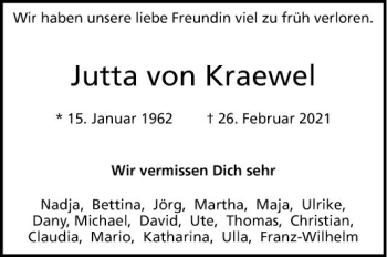 Traueranzeige von Jutta von Kraewel von Schwetzinger Zeitung