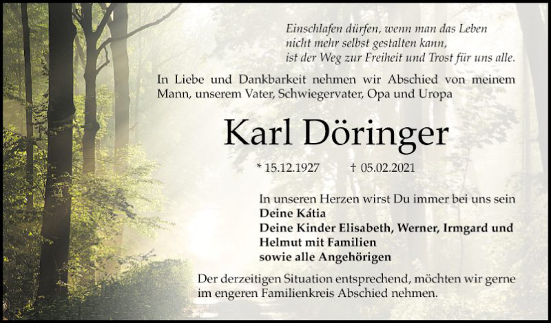  Traueranzeige für Karl Döringer vom 20.02.2021 aus Mannheimer Morgen