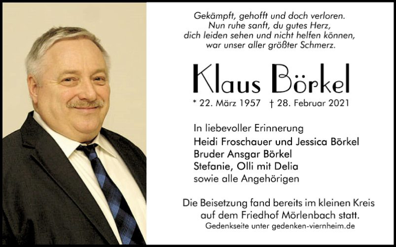  Traueranzeige für Klaus Börkel vom 13.03.2021 aus Südhessen Morgen