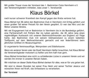 Traueranzeige von Klaus Börkel von Mannheimer Morgen