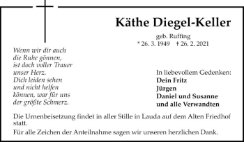 Traueranzeige von Käthe Diegel-Keller von Fränkische Nachrichten
