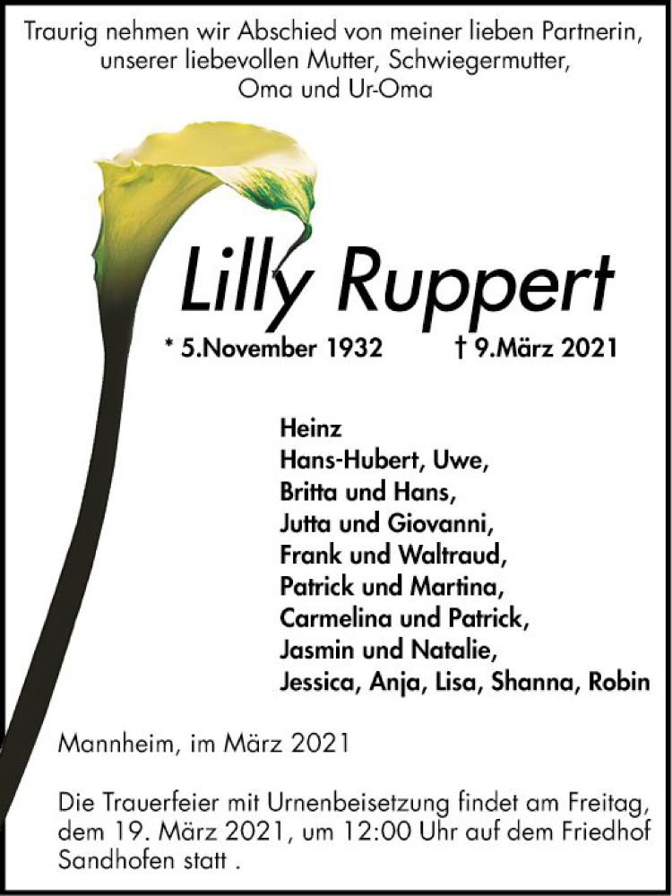  Traueranzeige für Liii Ruppert vom 17.03.2021 aus Mannheimer Morgen