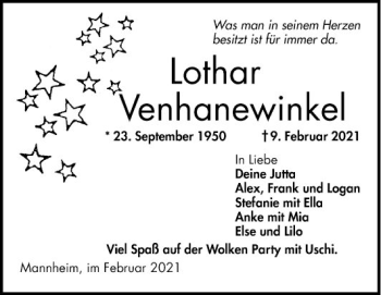 Traueranzeige von Lothar Venhanewinkel von Mannheimer Morgen
