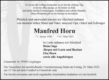 Traueranzeige von Manfred Horn von Fränkische Nachrichten