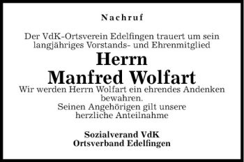 Traueranzeige von Manfred Wolfart von Fränkische Nachrichten