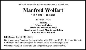 Traueranzeige von Manfred Wolfart von Fränkische Nachrichten