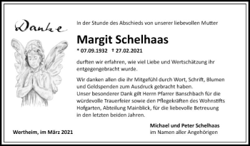 Traueranzeige von Margit Schelhaas von Fränkische Nachrichten