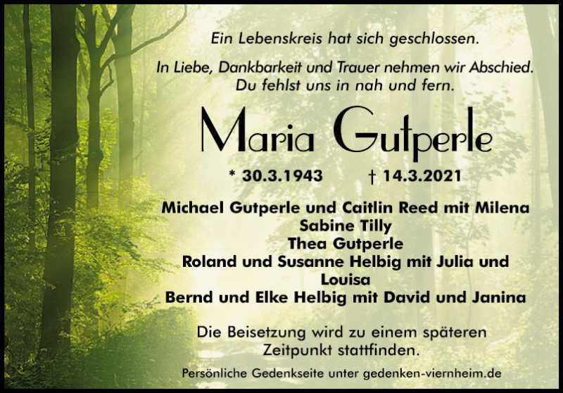  Traueranzeige für Maria Gutperle vom 27.03.2021 aus Südhessen Morgen