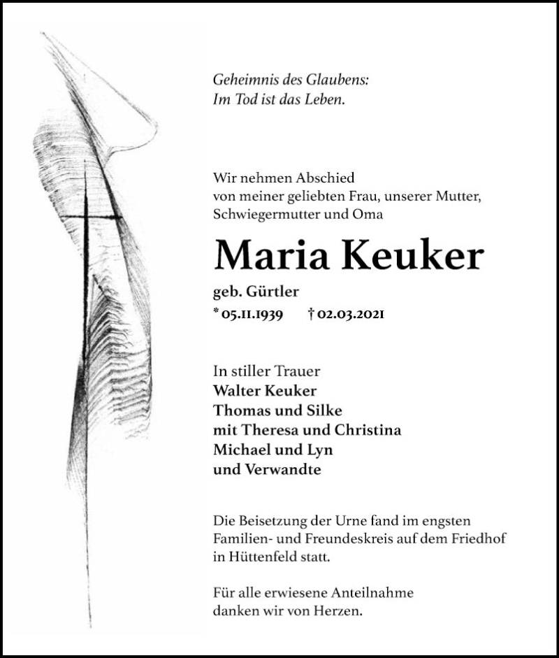  Traueranzeige für Maria Keuker vom 20.03.2021 aus Südhessen Morgen