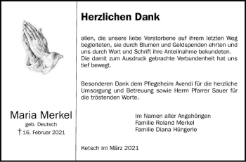 Traueranzeige von Maria Merkel von Schwetzinger Zeitung