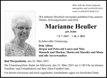 Traueranzeige von Marianne Heußer von Fränkische Nachrichten