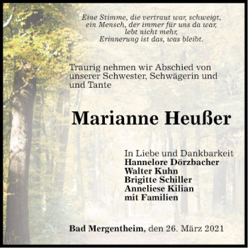 Traueranzeige von Marianne Heußer von Fränkische Nachrichten