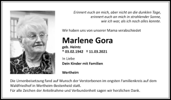 Traueranzeige von Marlene Gora von Fränkische Nachrichten