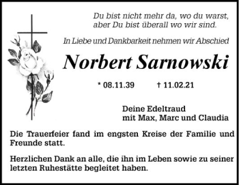 Traueranzeige von Norbert Sarnowski von Mannheimer Morgen