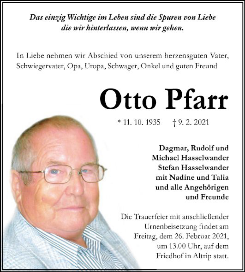  Traueranzeige für Otto Pfarr vom 20.02.2021 aus Mannheimer Morgen