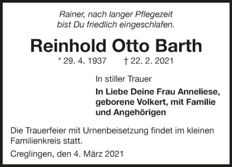  Traueranzeige für Reinhold Otto Barth vom 09.03.2021 aus Fränkische Nachrichten
