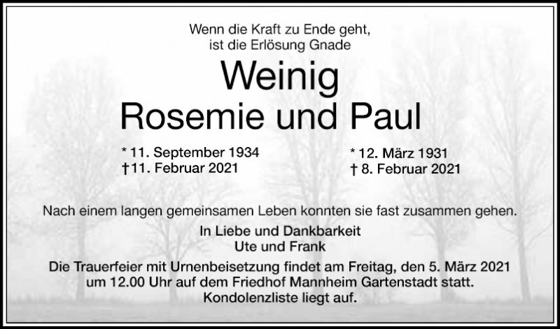  Traueranzeige für Rosemie Weinig vom 20.02.2021 aus Mannheimer Morgen