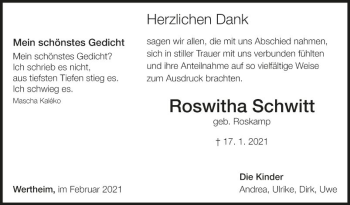 Traueranzeige von Roswitha Schwitt von Fränkische Nachrichten