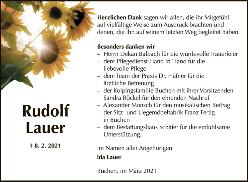  Traueranzeige für Rudolf Lauer vom 13.03.2021 aus Fränkische Nachrichten