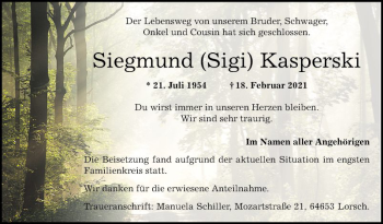 Traueranzeige von Siegmund Kasperski von Bergsträßer Anzeiger