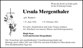 Traueranzeige von Ursula Mergenthaler von Schwetzinger Zeitung